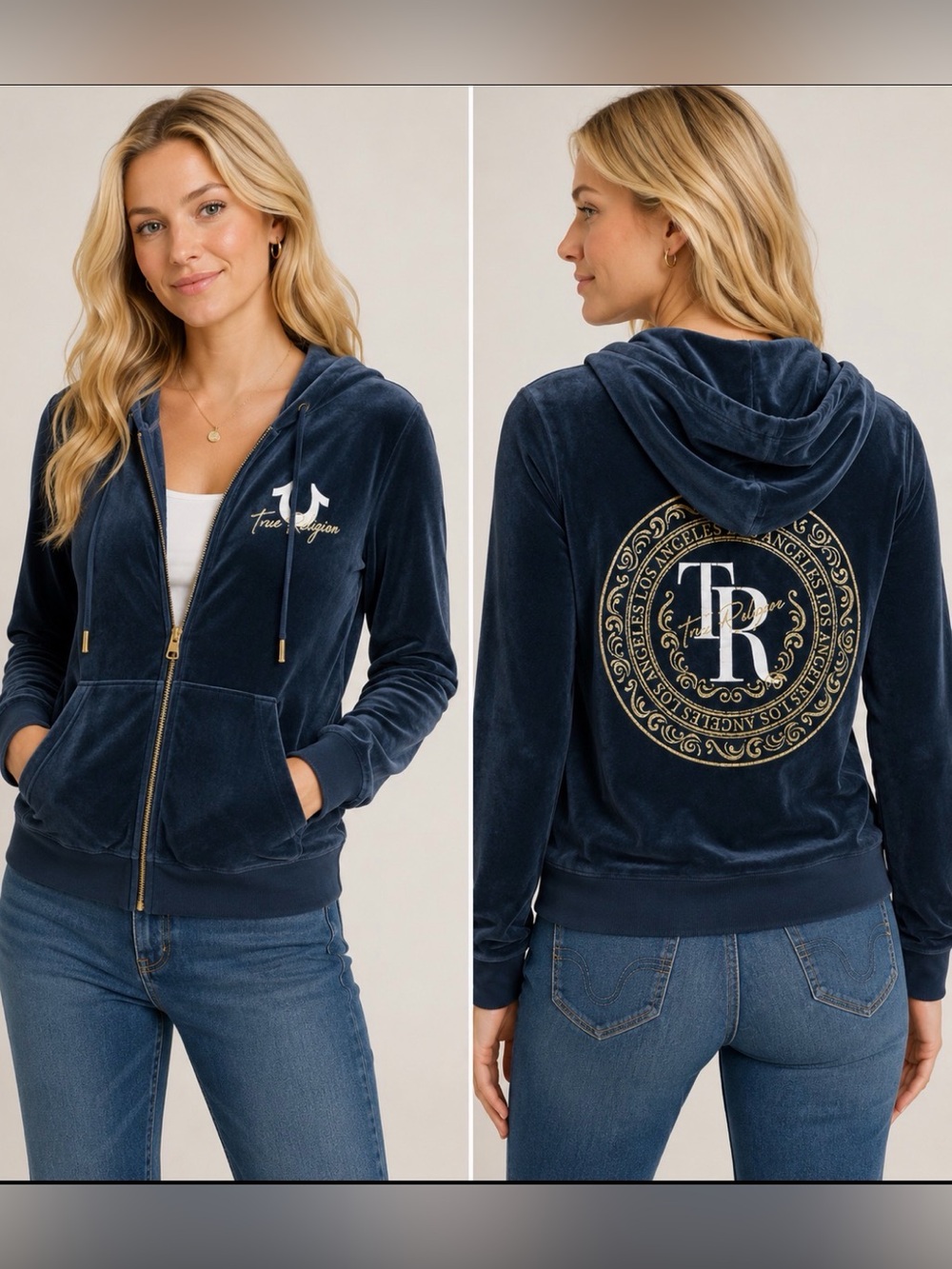 Vintage Y2K True Religion Velour Zip Up Hoodie Women’s S Black Gold Logo